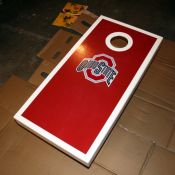 Cornhole table with decal.